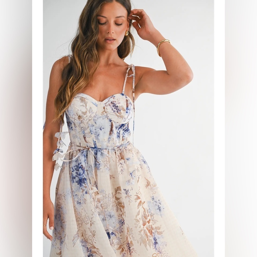 Endless Blu Floral Chiffon Tie-Strap Midi Dress - Picture 3 of 6